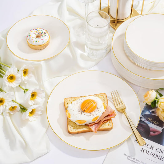 Nervure 100Pcs Ivory and Gold Plastic Plates - 10.25inch Disposable Ivory Dinner Plates - Heavy Duty Plastic Plate Ideal for Wedding & Party & Thanksgiving