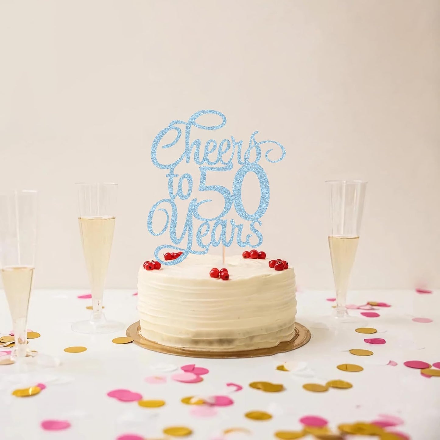 Cheers to 50 Years Cake Topper - Light Blue Glitter 50th Birthday Cake Decorating Supplies, Perfect for 50th Anniversary or Fifty Birthday Party, Photo Booth Props