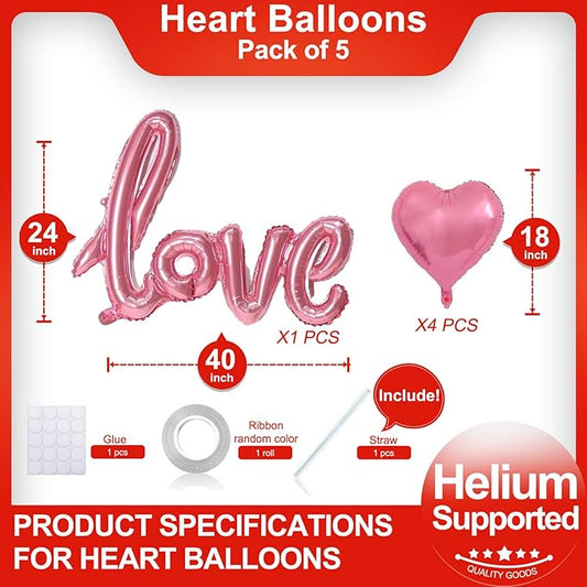 5 Pcs Pink Heart Shaped Balloons Pink Love Valentine Balloons for Valentines Day Bridal Shower Wedding Party Decorations