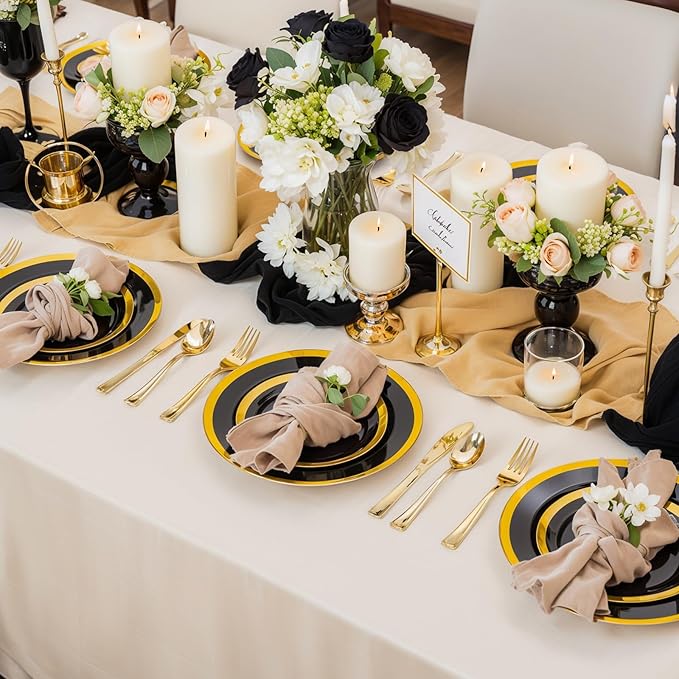 supernal 120pcs Black and Gold Plastic Plates Disposable Fancy Elegant Party Plates Heavy Duty Gold Plastic Dinnerware with Dinner and Dessert Size for Party, Valentine's Day Party and Wedding