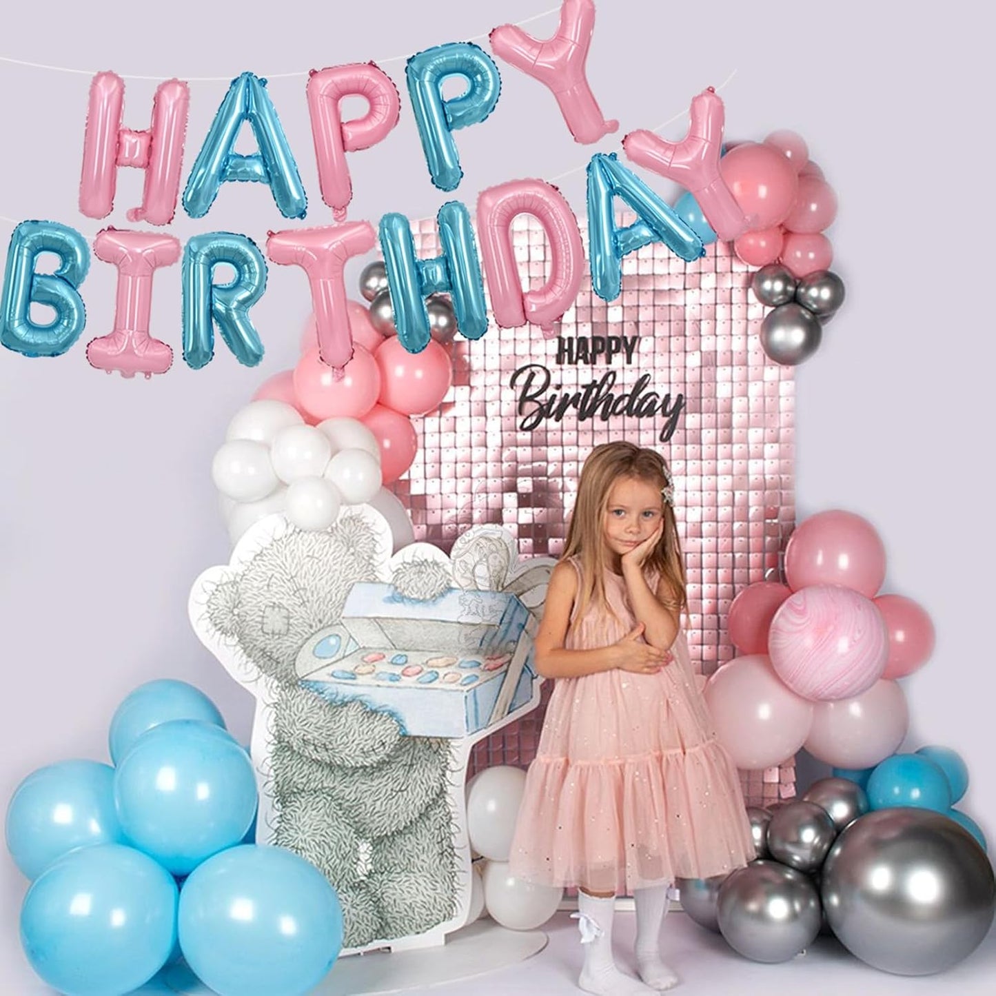 TONIFUL Happy Birthday Balloons Banner 16 Inch Mylar Foil Letters Birthday Sign Reusable for Girls Boys Kids & Adults Birthday Party Decorations Supplies（Light Pink Blue）