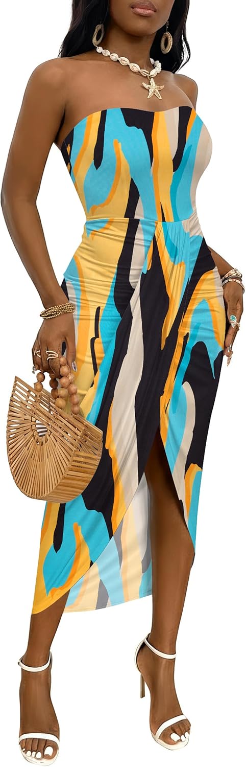Umenlele Women's Strapless Ruched High Waist Wrap Split Asymmetrical Beach Maxi Long Dress