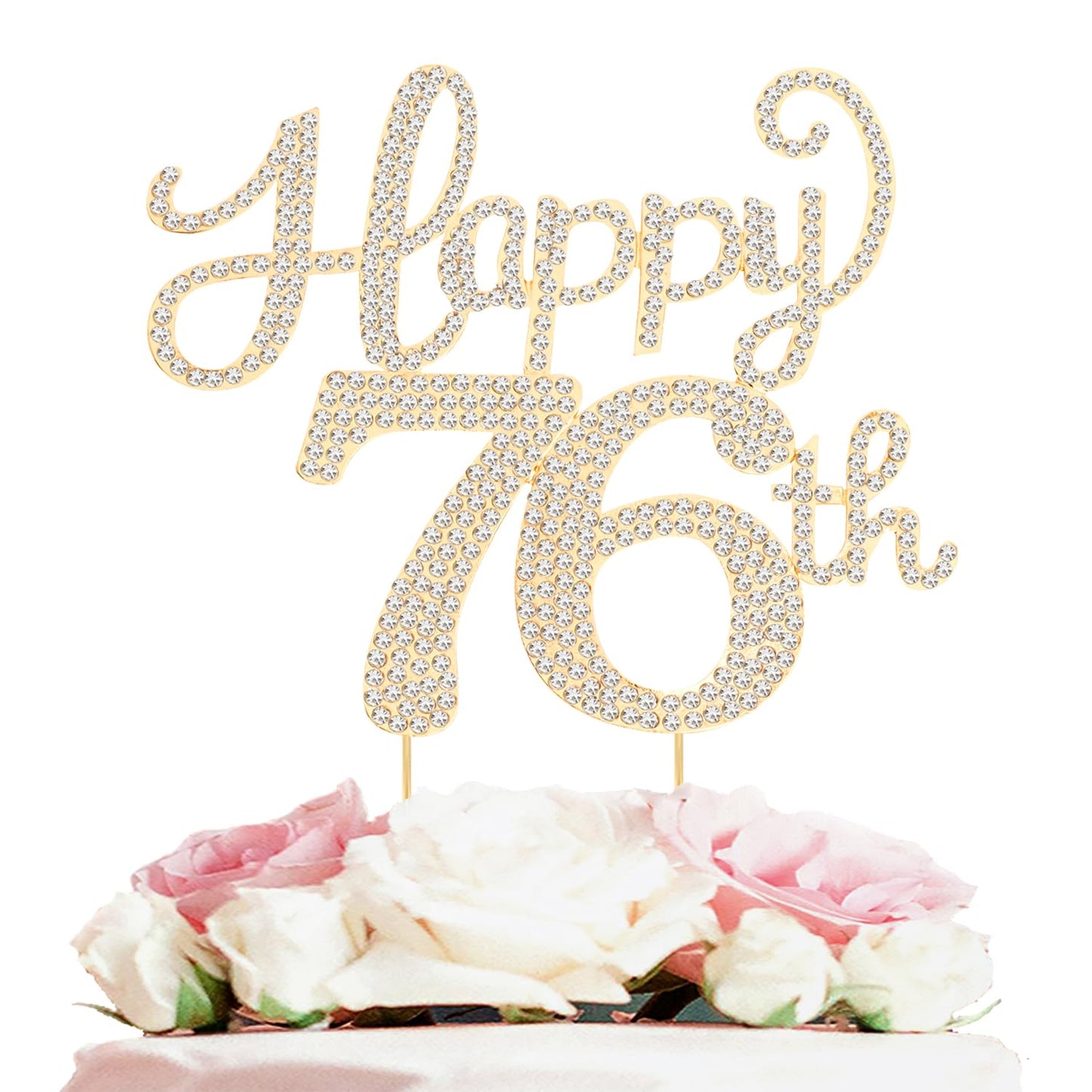 Happy 76th Birthday Decorations,76th Birthday Gold Rhinestone Cake Topper - Cheers to 76 Years Old Bday Party Metal Sparkly Cake Centerpieces Sign.
