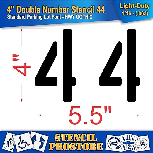 Pavement, Curb, and WheelStop Stencils - 4 inch Double Number Stencil - (44) - 4" x 5.5" x 1/16" (63 mil) - Light-Duty