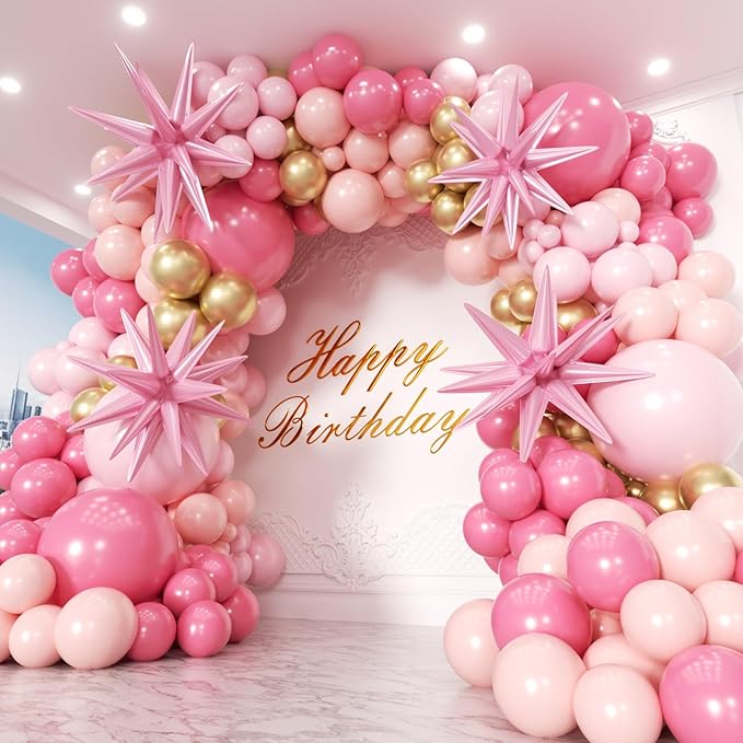 Pink Balloons Garland Arch Kit 153pcs with Star - 22 18 12 10 5in Different Size Shades of Pink and Gold Confetti Latex Balloons for Birthday Baby Shower Wedding Valentine's Party Decorations
