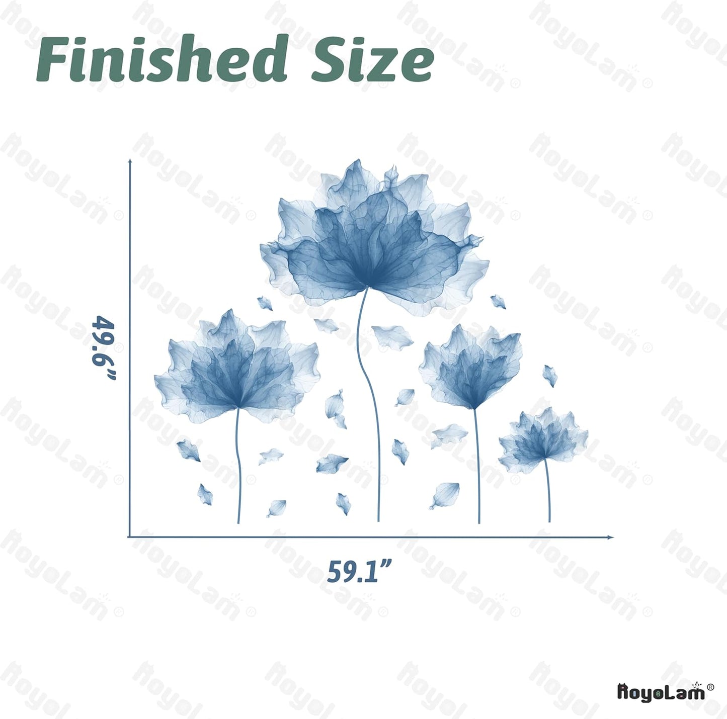 59.1'' x 49.6'' Huge Flower Petal Wall Decals Living Room Floral Wall Stickers Removable Peel and Stick Waterproof Wall Art Decor Stickers for Bedroom Bathroom Office (Blue)