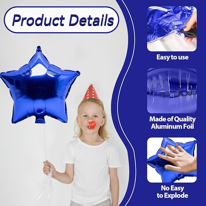 Biapian Blue Star Foil Balloons, 10PCS Dark Blue Foil Stars Shape Balloons, 18 Inch Aluminum Balloon for Helium Pentagram Balloon for Men Boys Birthday, Anniversary, Graduation Party Decoration