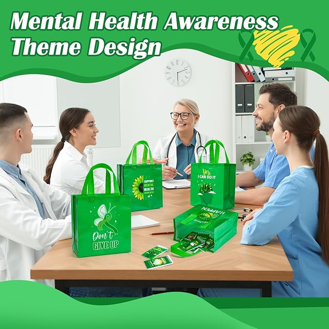 HunnmingRe 30 Pcs Mental Health Awareness Gifts Bags with Handles Green Party Favor Bag Bulk Mental Health Awareness Item Reusable Non Woven Handbags for Public Charity Event Party Supplies, 6 Style