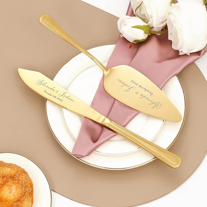 Personalized Wedding Cake Knife and Server Set, Vintage Engraved 2-Piece Pie Cake Cutter Serving Set, Custom Bridal Anniversary Birthday Quinceaera Gift