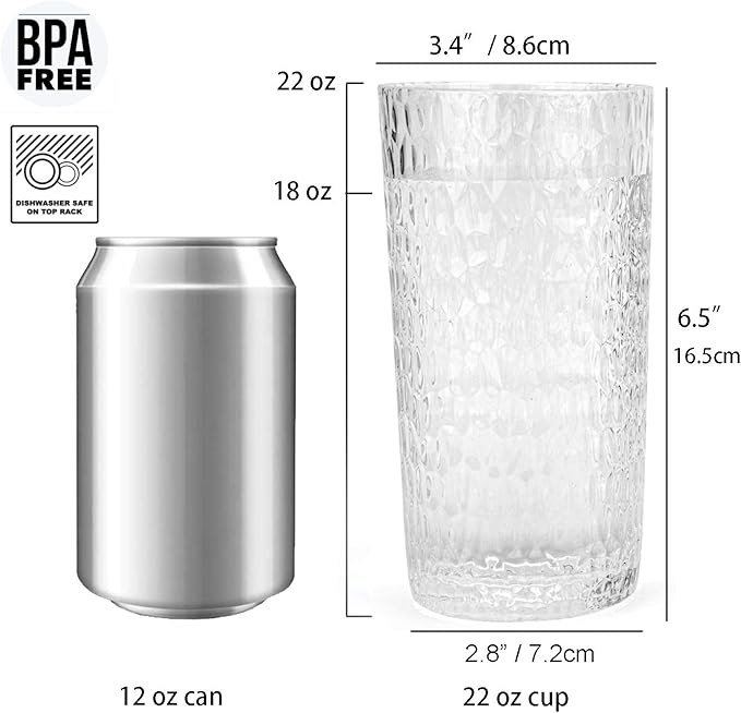 KX-WARE 22-ounce Honeycomb Highball Glasses Plastic Tumbler Acrylic Glasses, set of 6 Clear