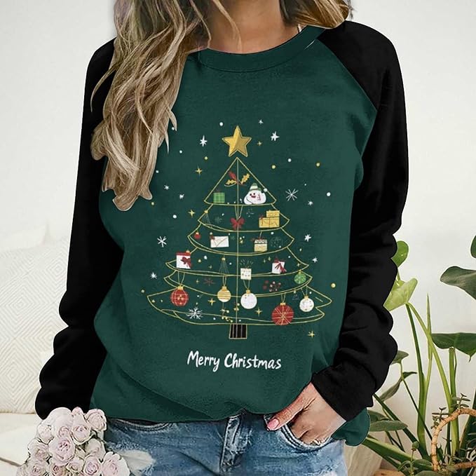 LOAIHA Christmas Sweatshirts for Women Christmas Tree Graphic Shirt Xmas Long Sleeve Merry Christmas Pullover Blouse