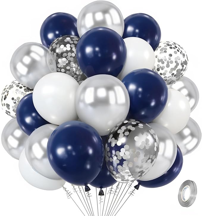 Zesliwy Navy Blue Silver Balloons Kit,50pcs 12inch Royal Dark Blue Metallic Silver White Balloon with Confetti Latex Balloon for Wedding Graduation Birthday Anniversary Party Decorations