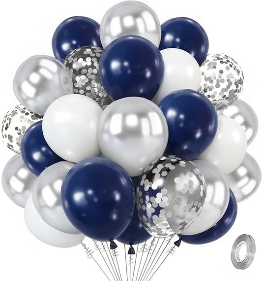 Zesliwy Navy Blue Silver Balloons Kit,50pcs 12inch Royal Dark Blue Metallic Silver White Balloon with Confetti Latex Balloon for Wedding Graduation Birthday Anniversary Party Decorations
