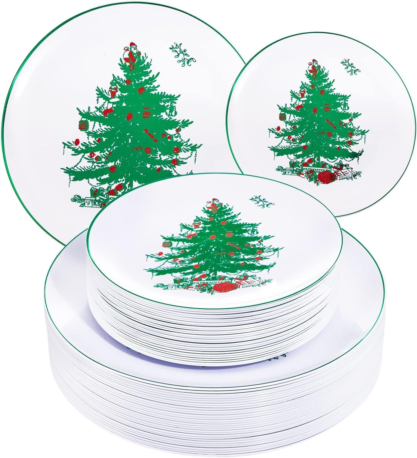 Rubtlamp 60PCS Christmas Plastic Plates, White Disposable Plates with Green christmas Tree, Fancy christmas Party Plastic Plate Include 30 Dinner Platos, 30 Dessert Platos for Parties