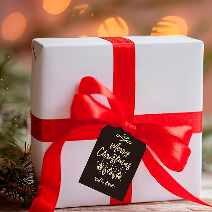 Anwyll Christmas Gift Tags with String - 50Pcs Gold and Black Merry Christmas with Love Tags for Gifts Xmas Gift Tag Happy Holidays Hang Paper Label Tag for Present Wrap Goodie Bag Holiday Party Favor