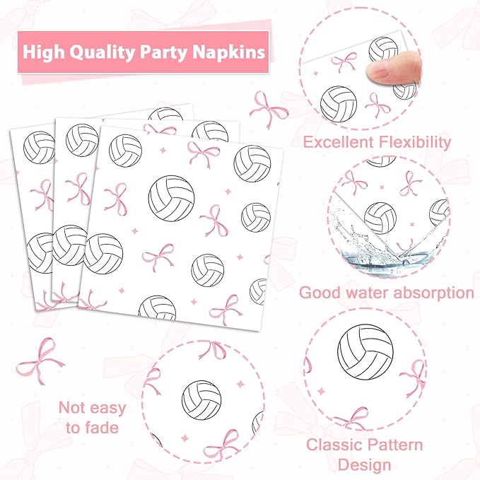 96PCS Volleyball and Bow Party Paper Plates and Napkins for Sports Themed Party Dessert Cake Plates Disposable Decor Pink Bow Volleyball Parties Set for Boys Girls Birthday Gatherings Decorations