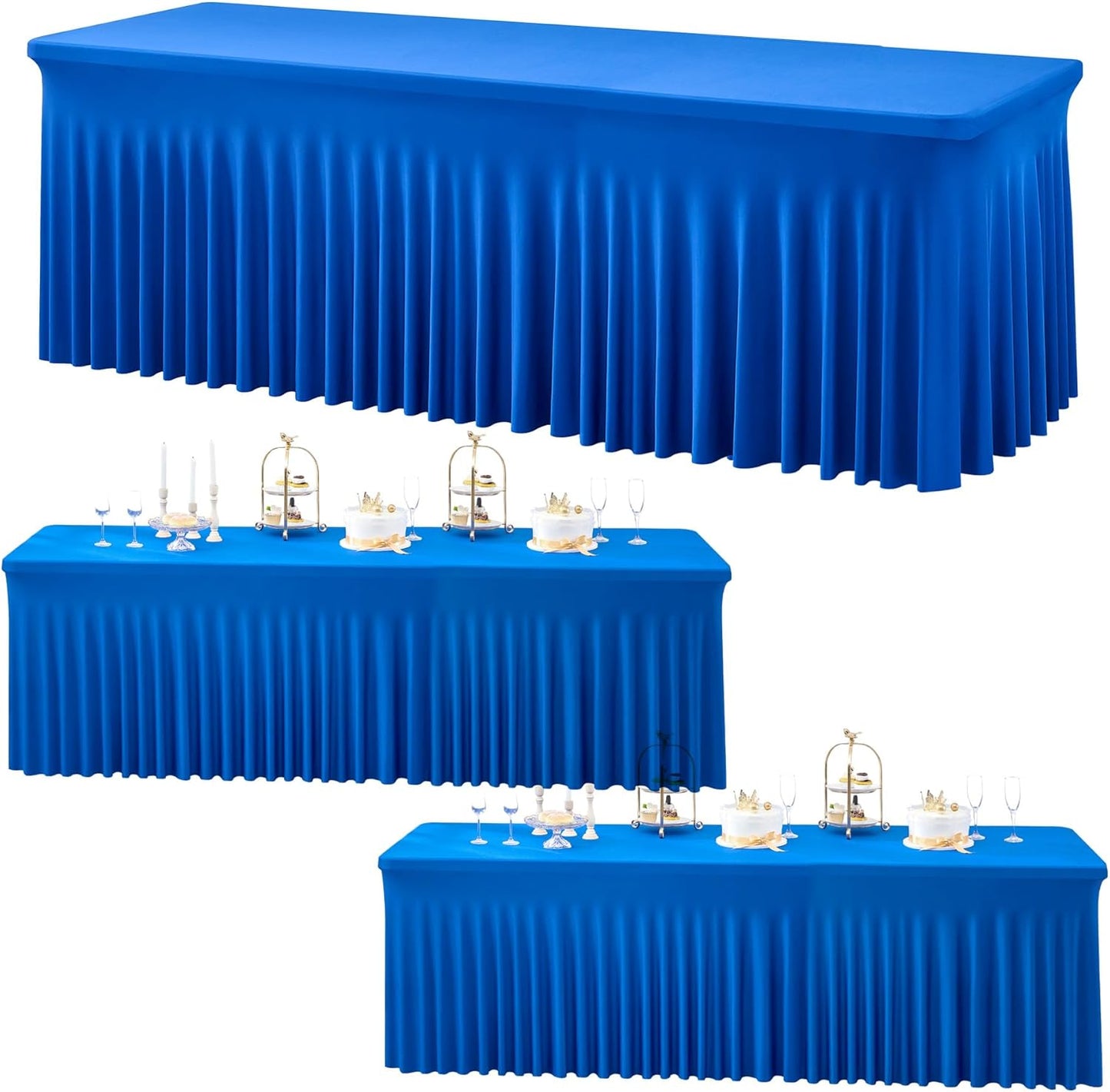 3 Packs Royal Blue Spandex Tablecloths for 8 Foot Rectangle Tables, Stretchy Fitted 8FT Blue Table Skirt for Wedding Party, Wrinkle Free Tablecloths for Banquet Wedding Birthday Party