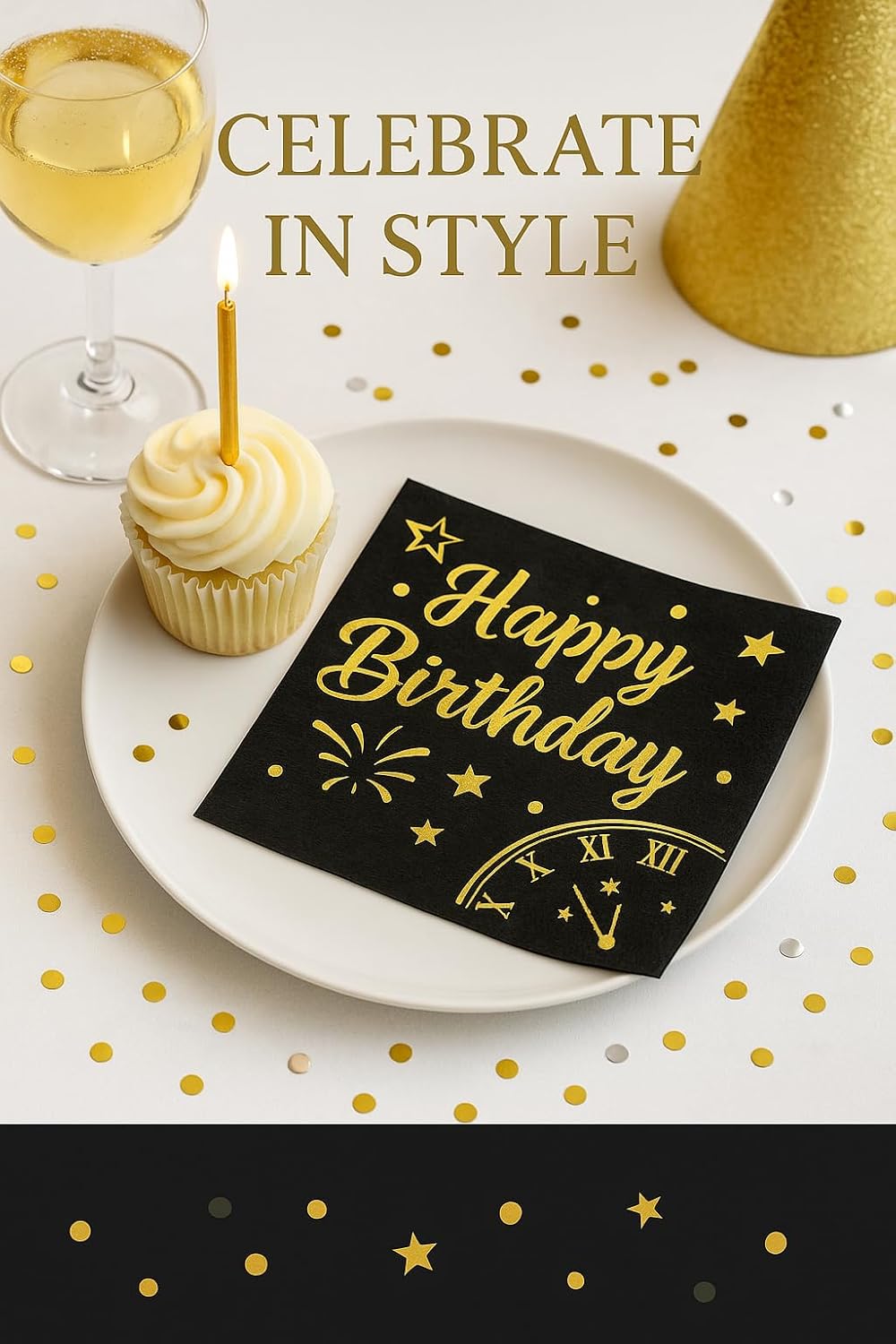 100 Black Happy Birthday Cocktail Napkins- 2-Ply Disposable with Gold Foil-Elegant Party Napkins for Drinks, Bars, Birthdays, and Celebrations (100 Count)