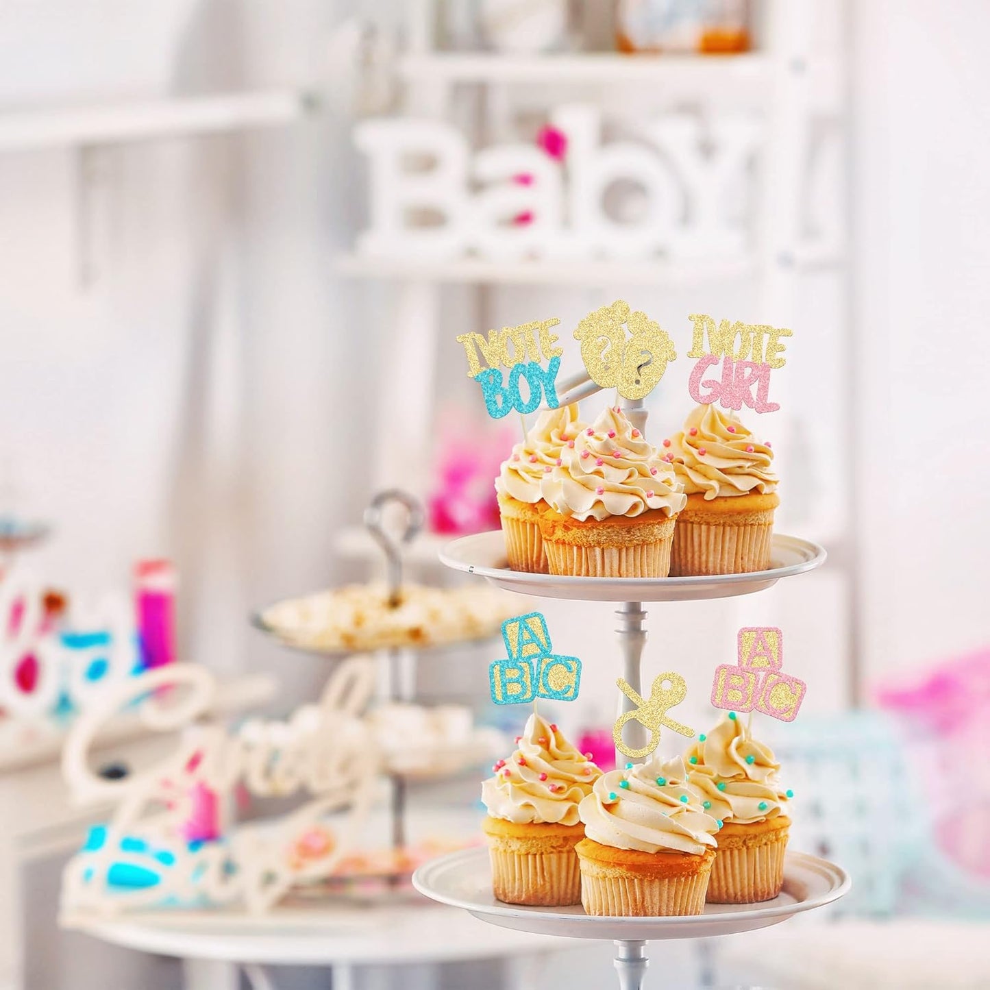 24Pcs Boy or Girl Cupcake Toppers Gender Reveal Cupcake Picks Glitter Baby Shower Cupcake Decorations Vote Boy or Girl Cake Decorations for Baby Shower Kids Birthday Theme Party Supplies