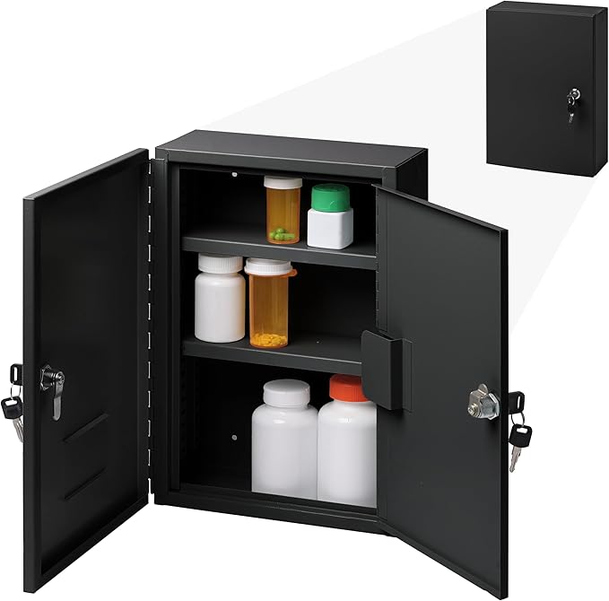 Durabox 2-Door Narcotics Cabinet - Double Door & Dual Key Lock Steel Cabinet for Safe Storage of Medicine, Prescription Drugs, Medical Supplies and More, 10"W x 15"H x 4-1/2"D (Black, Small)