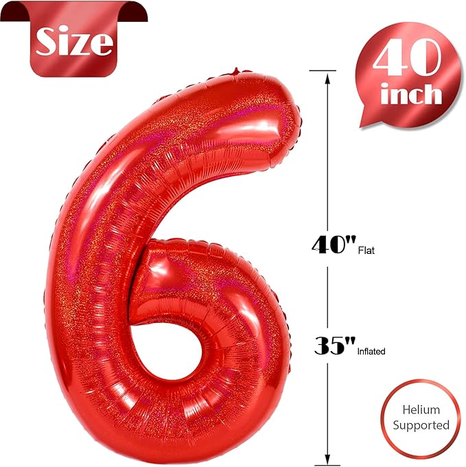 Laser Red 6 Balloon, Number Balloons 40 Inch, 6th Balloons for Birthday Decorations, Laser Red Party Supplies 6 Birthday Balloon, Number 6 Balloon