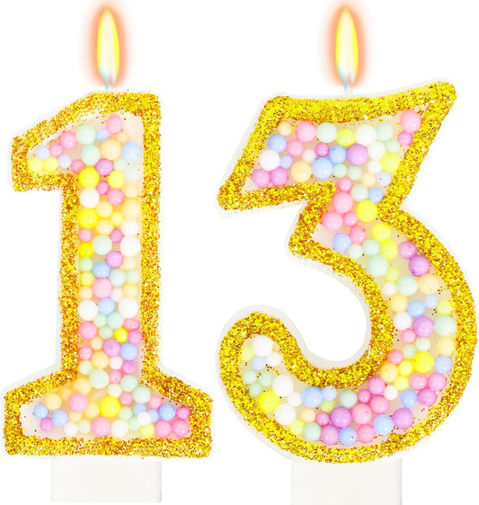 13th Birthday Candle for Cake, Colorful Macaron Numeral Candles for Boys/Girls, Birthday Party Cake Decorations, Golden Cake Topper for Birthday Party Supplies (Number 13)