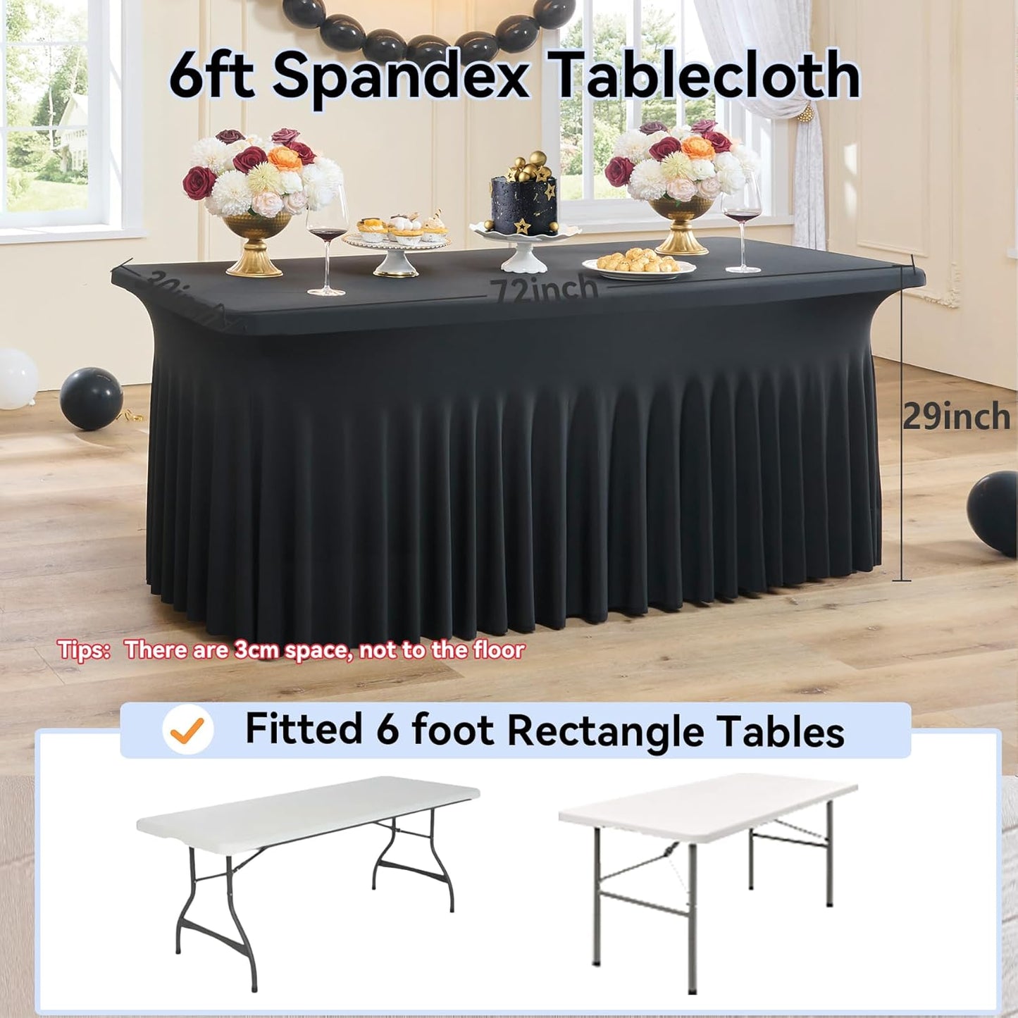 6 pk Black Spandex Tablecloth 6ft with Ruffled Skirt,Wrinkle Free High Stretch Fitted Tablecloths for 6 Foot Rectangle Tables,Pleated Elastic Spandex Table Covers 6ft for Parties Wedding Banquet