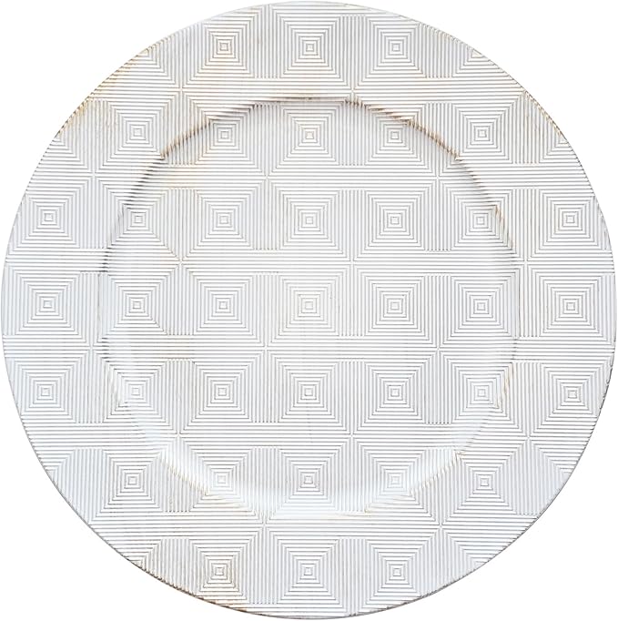 13" Antique Charger Plates, Geometry Pattern White Charger Plate Set of 6, Round Server Ware Chargers for Dinner Plate, Reusable Bulk Table Setting for Party or Event