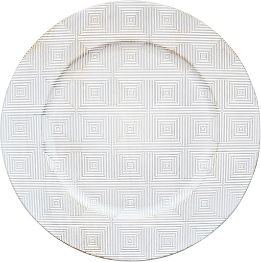 13" Antique Charger Plates, Geometry Pattern White Charger Plate Set of 6, Round Server Ware Chargers for Dinner Plate, Reusable Bulk Table Setting for Party or Event