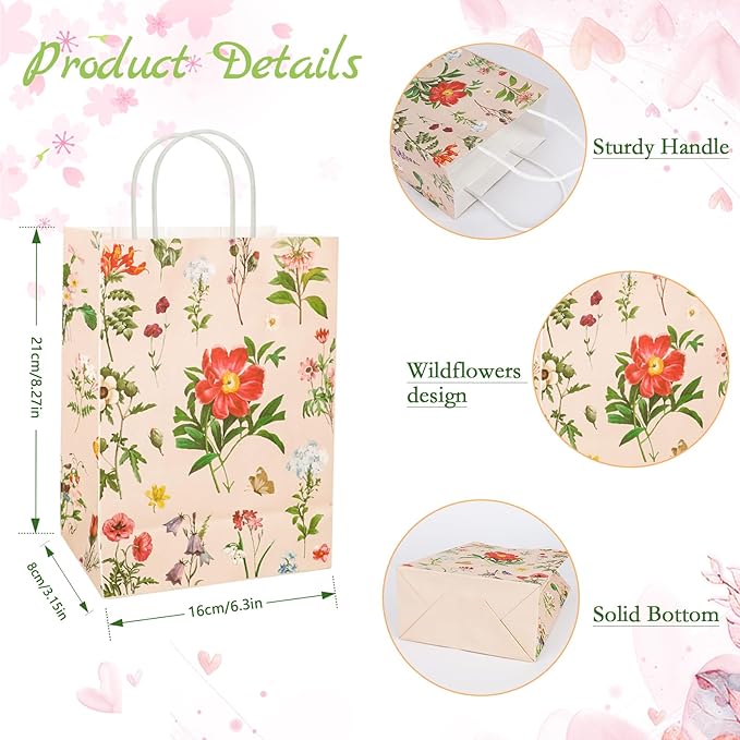 Konsait 16 Pack Floral Gifts Bags, Vintage Style Small Floral Gift Bags with Handle, Kraft Paper Flower Party Favor Bags for Wedding Birthday Bridal Shower Engagement and More