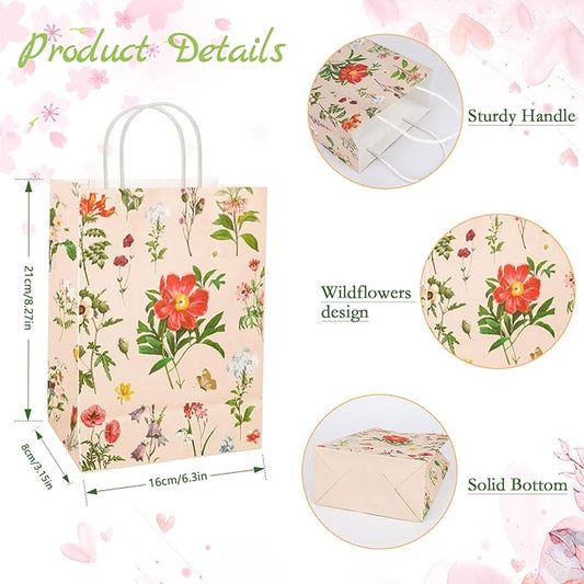 Konsait 16 Pack Floral Gifts Bags, Vintage Style Small Floral Gift Bags with Handle, Kraft Paper Flower Party Favor Bags for Wedding Birthday Bridal Shower Engagement and More