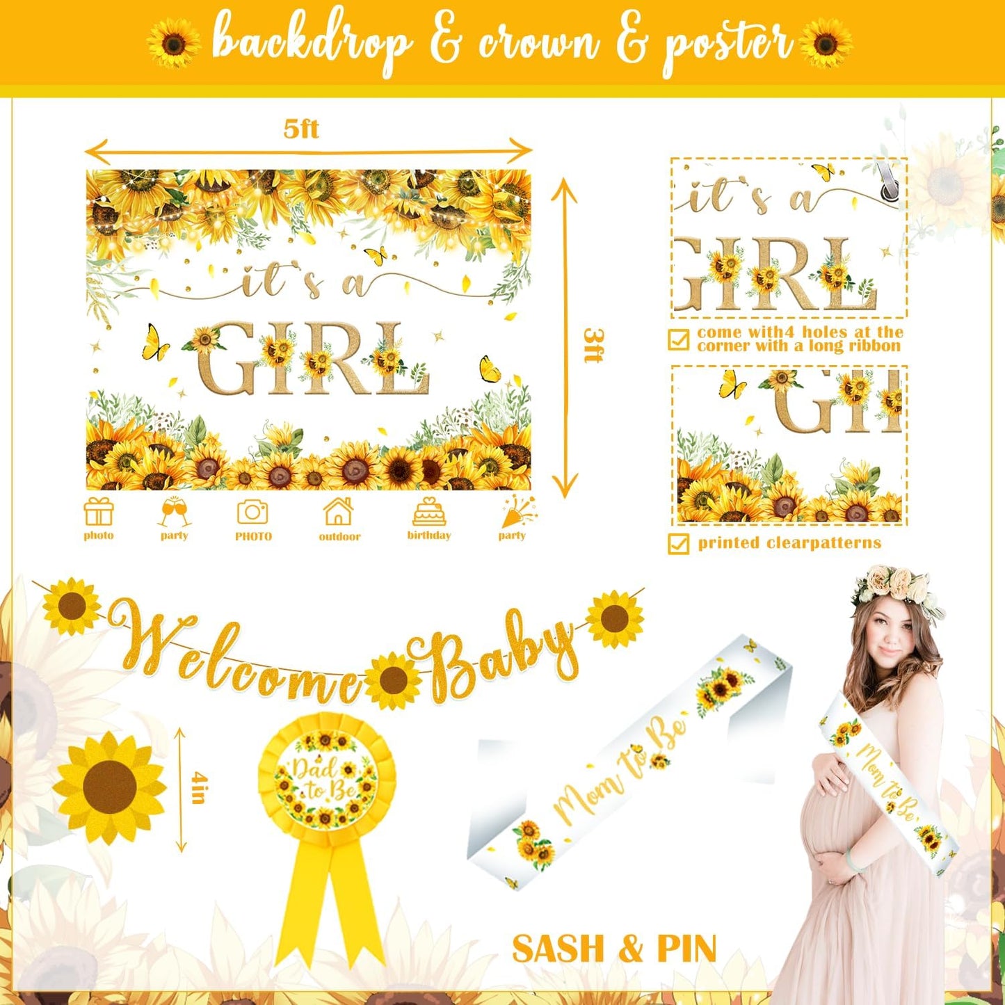 Sunflower Baby Shower Decorations for Girl, Yellow Baby Girl Shower Décor, Mommy To Be Sash&Pin Boxes Sunshine Sunflower Cake Cupcake Toppers Balloon Arch Backdrop, It's a Girl Baby Shower Supplies