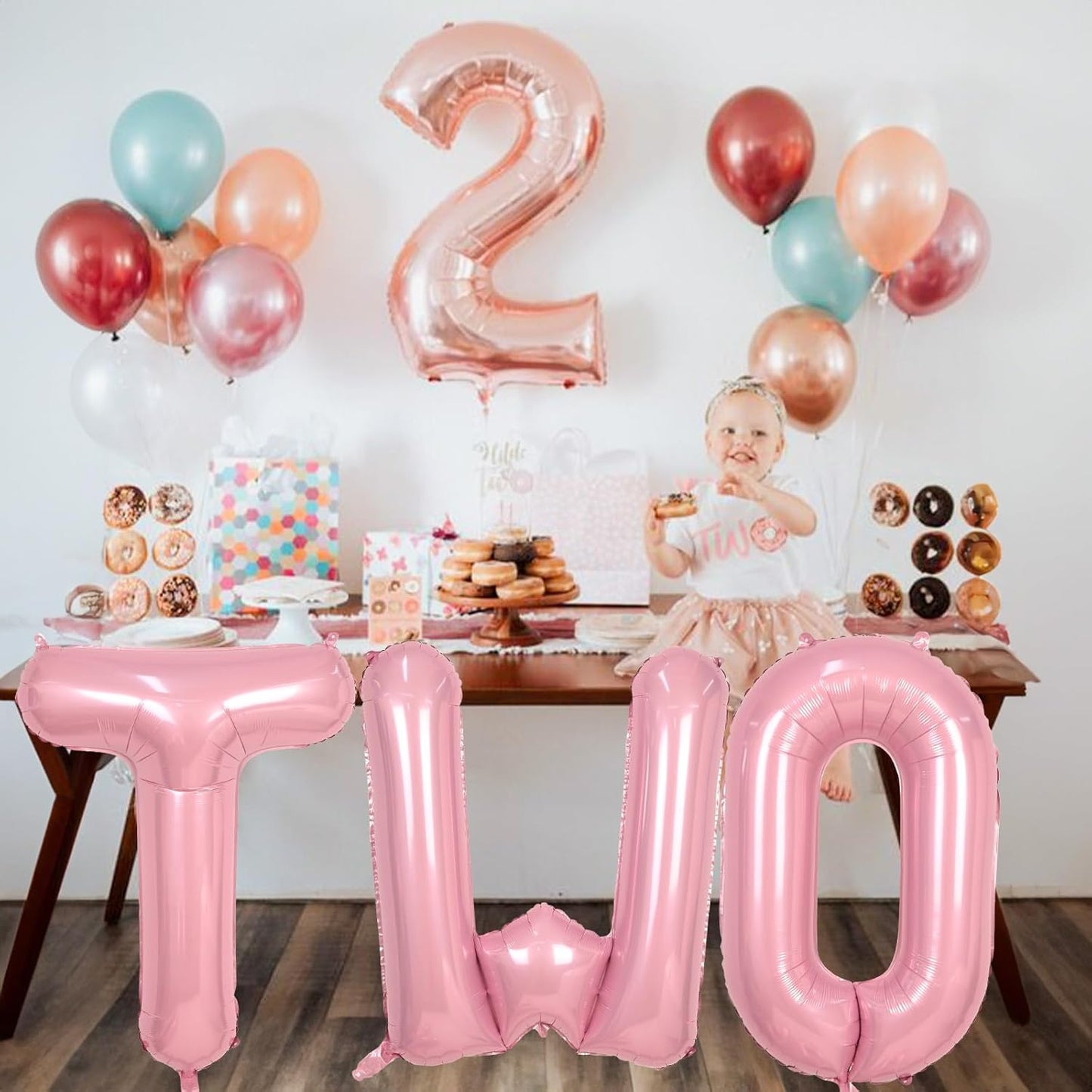 40 Inch Pastel Pink TWO Letter Balloons, Light Pink TWO Balloon Letters with Ribbon, Pearl Pink Alphabet TWO Balloon for Kid Girls 2 Year Old Birthday Second 2nd Anniversary Party Decorations