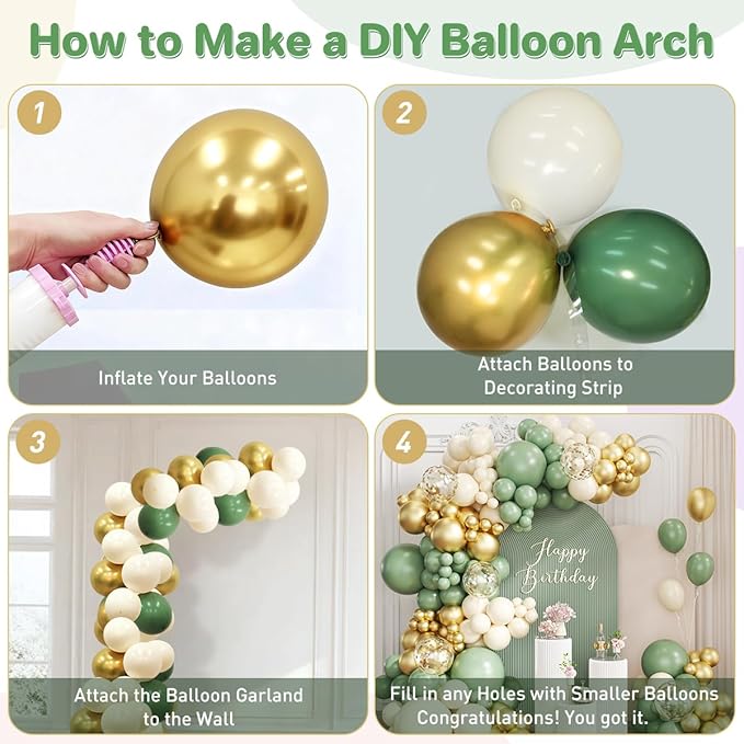 Sage Green White Gold Balloon Garland Arch Kit, 167Pcs Latex Balloons Different Sizes 15 12 10 5 inch for Baby Shower Gender Reveal Birthday Engagement Party Decorations