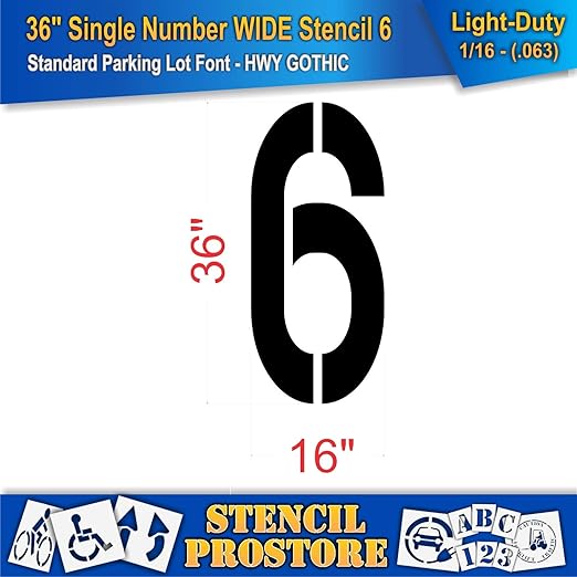 Pavement Stencils - 36 inch Single Number Stencil (Wide) - 6-36" x 16" x 1/16" (63 mil) - Light-Duty