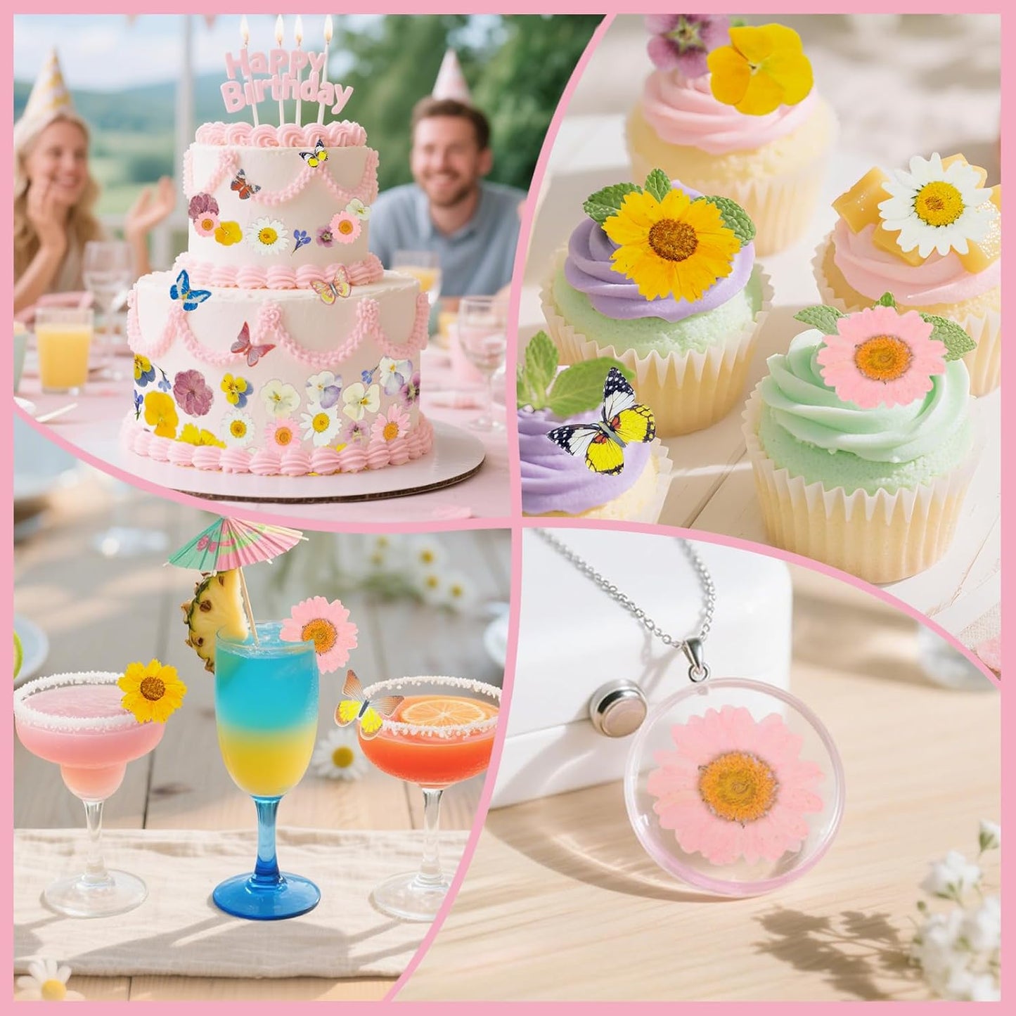 60 PCS Edible Butterfly and Flowers Cake Cupcake Toppers Decoration - Real Flowers & Wafer Butterfly for Wedding Themed Party Birthday Cake Decor Hawaiian Flower,Mixed Size Color