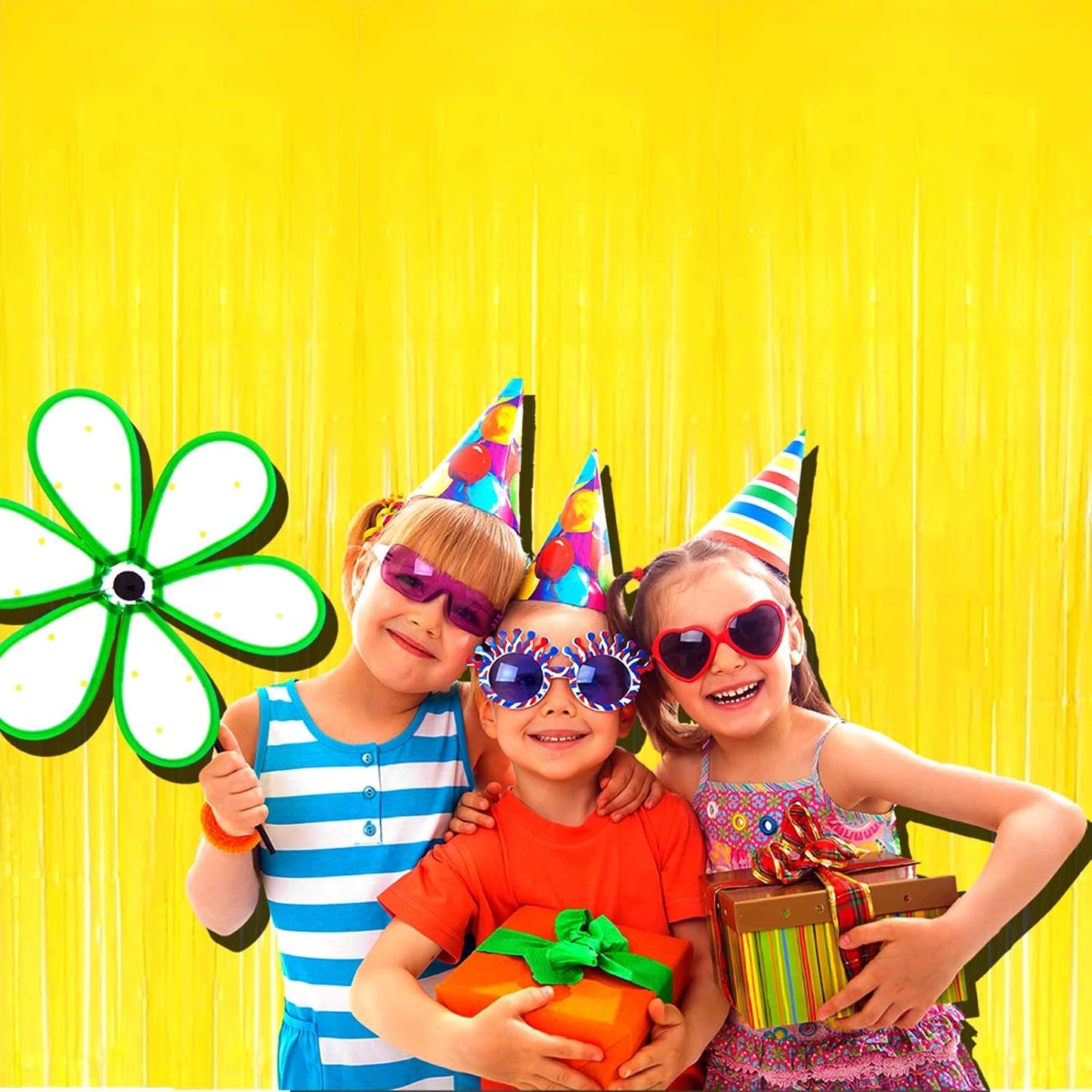 4 Pack Macaron Yellow Foil Fringe Curtain Backdrop, 3.28Ft x 6.56Ft Foil Fringe Streamers Curtains for Party, Photo Booth Props, Birthday, 2022 Graduation Decor Supplies, One Size