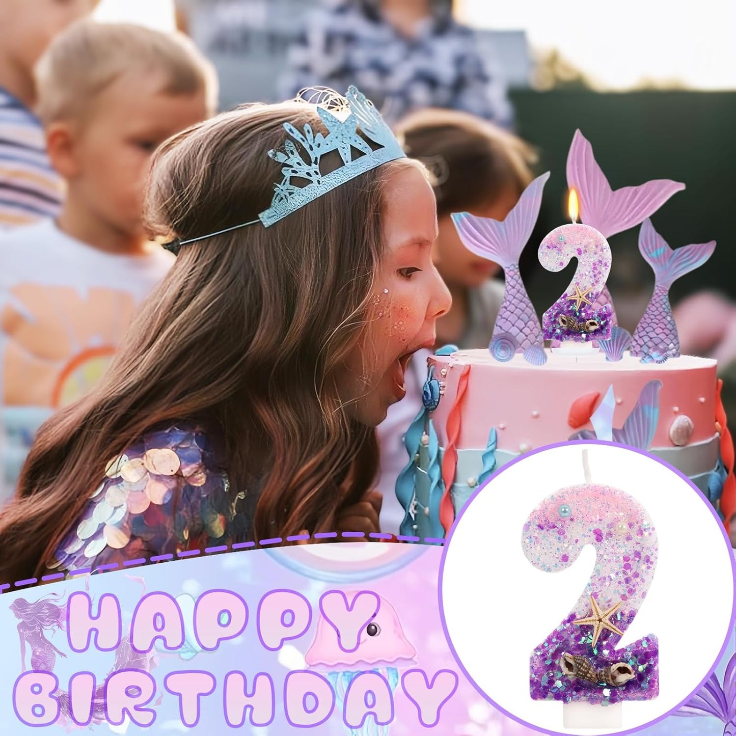 Purple Mermaid Party Number 2 Cake Candles, 2.76 inch Birthday Candle, Cake Topper Decoration for Birthday Party (Number 2)