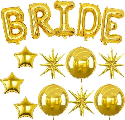 Gold Bride Balloons Bachelorette Party Decorations, 32in Gold Giant Bride Balloons with 4D Disco Ball Balloon and Star Foil Balloon for Bridal Shower Wedding Engagement Party Supplies