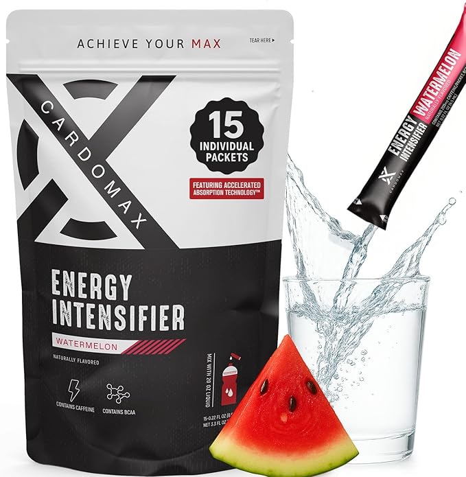 CardoMax - Energy Drink Packets - Liquid Preworkout for Men & Women Caffeine Packets with BCAA, Vitamin B12, Vitamin B6 & B3 - Sugar-Free, Zero Calorie, Vegan & Keto - 15 Stick Packs - Watermelon