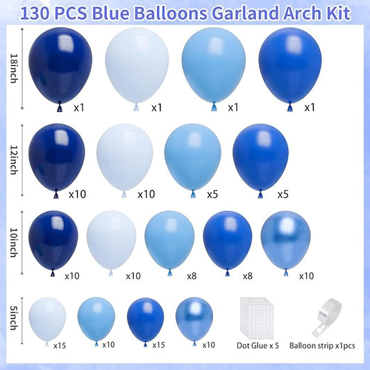 Blue Balloons Garland Arch Kit, 130pcs Navy Blue Balloons Light Blue Balloon for Baby Shower Birthday Graduations Anniversary Party Decorations