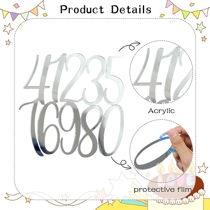 Silver Acrylic Wedding Number Cake Decoration 0-9 - Cake Topper for Birthday Party Wedding Anniversaries, Party Cakes and Personalized Celebrations Setup,Style 2