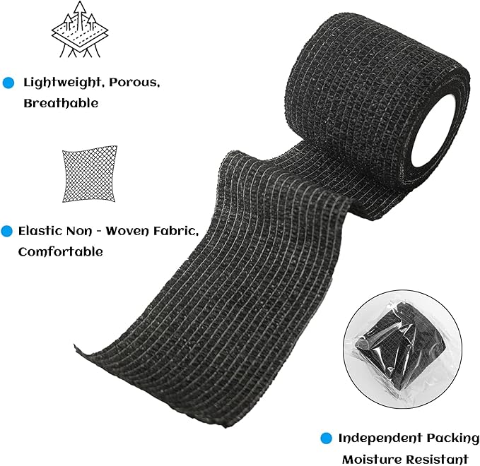24 Rolls Black Sensi Wrap Elastic Self Adhesive Bandage Wrap, Breathable Cohesive Bandage, Ankle Sprains Swelling Medical First Aid Sports Athletic Grip Tape, Dogs Pet Vet Wrap 2 in