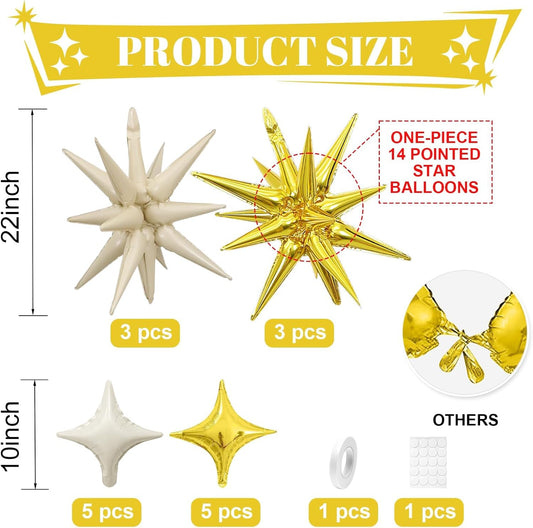 Sand White Gold Star Balloon,Gold Cream White 6Pcs 22Inch Explosion Star Balloons and 10Pcs 10Inch Four Angle Balloons Kit for Birthday Anniversary Baby Shower Wedding Party Decorations