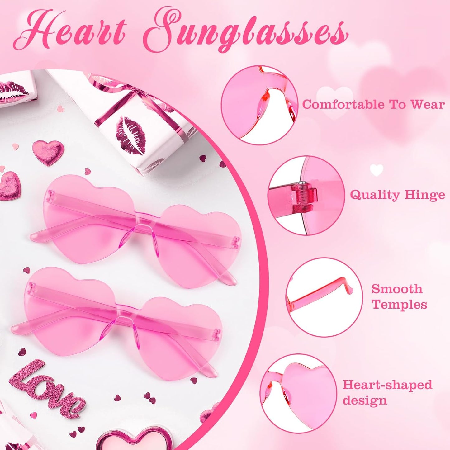 PLULON Heart Sunglasses for Women 5/12/25 Pcs, Heart Glasses Valentine Day Rimless Shaped Candy Color Fun Glasses Party Favor