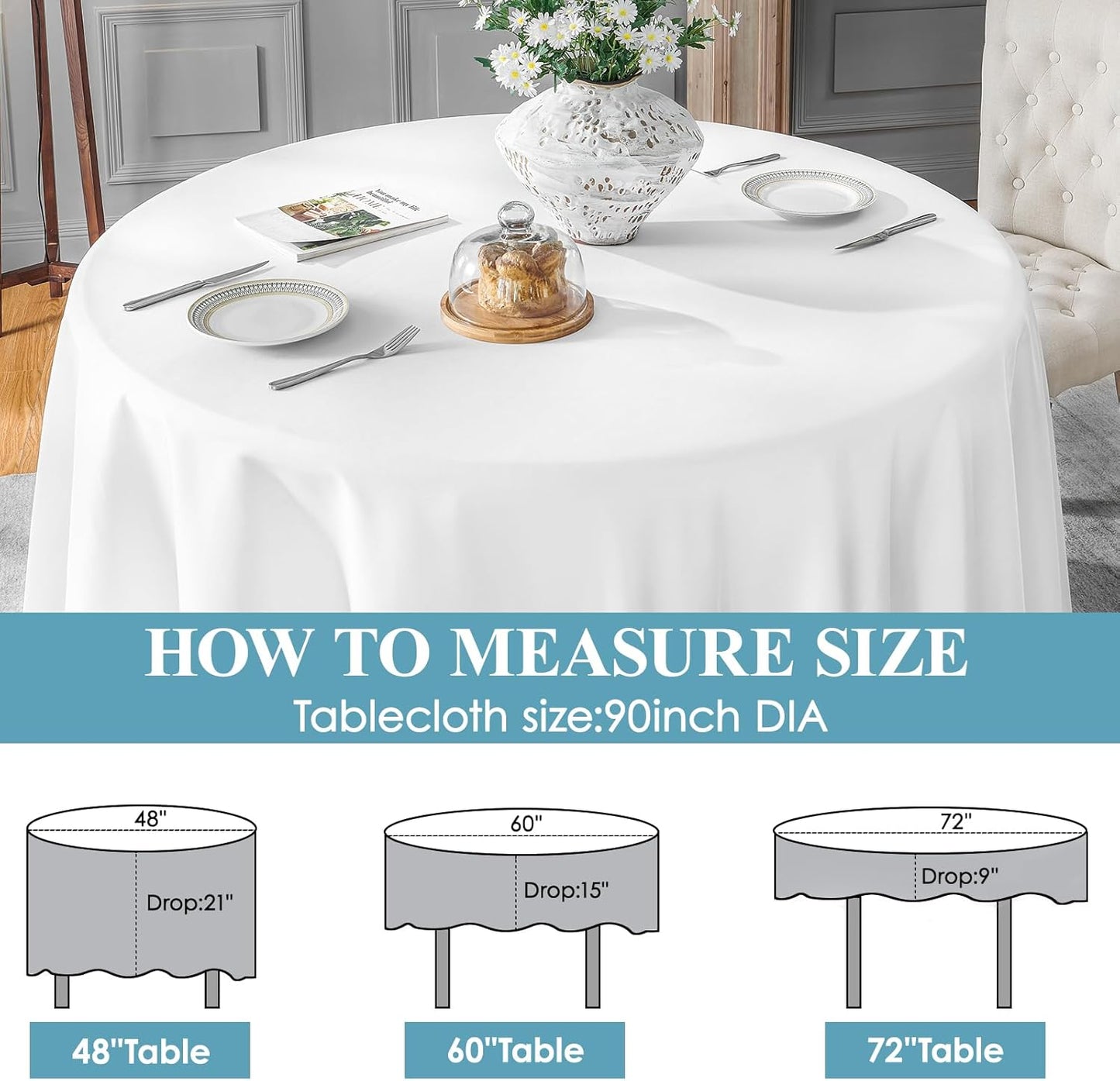 VidaFete 10 Pack 90inch Round Tablecloth Polyester Table Cloth，Stain Resistant and Wrinkle Polyester Dining Table Cover for Kitchen Dinning Party Wedding Rectangular Tabletop Buffet Decoration(White)