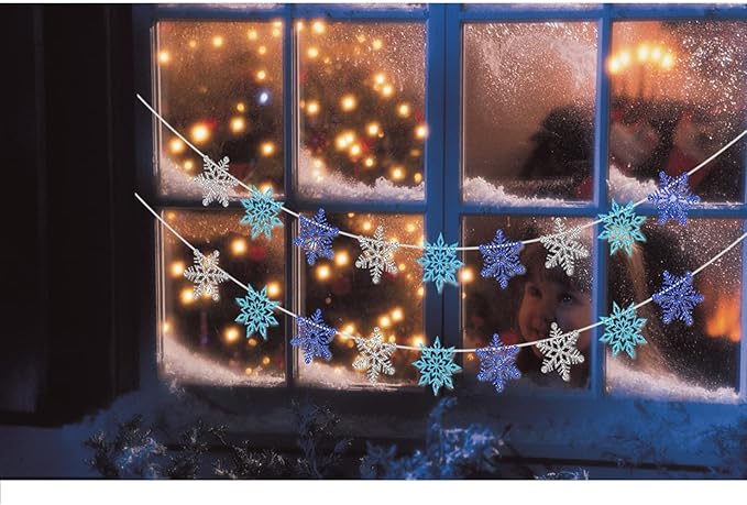 2 Pcs Glitter Snowflake Banner, Snowflake Winter Party Decorations, Snowflake Garland Christmas Party Decorations (Blue&Silver)