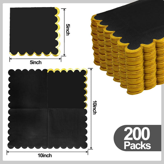 200 Pack Black Paper Napkins - Gold Foil Scalloped Cocktail Napkins for Themed Party Supplies, Birthday, Baby Shower, Wedding