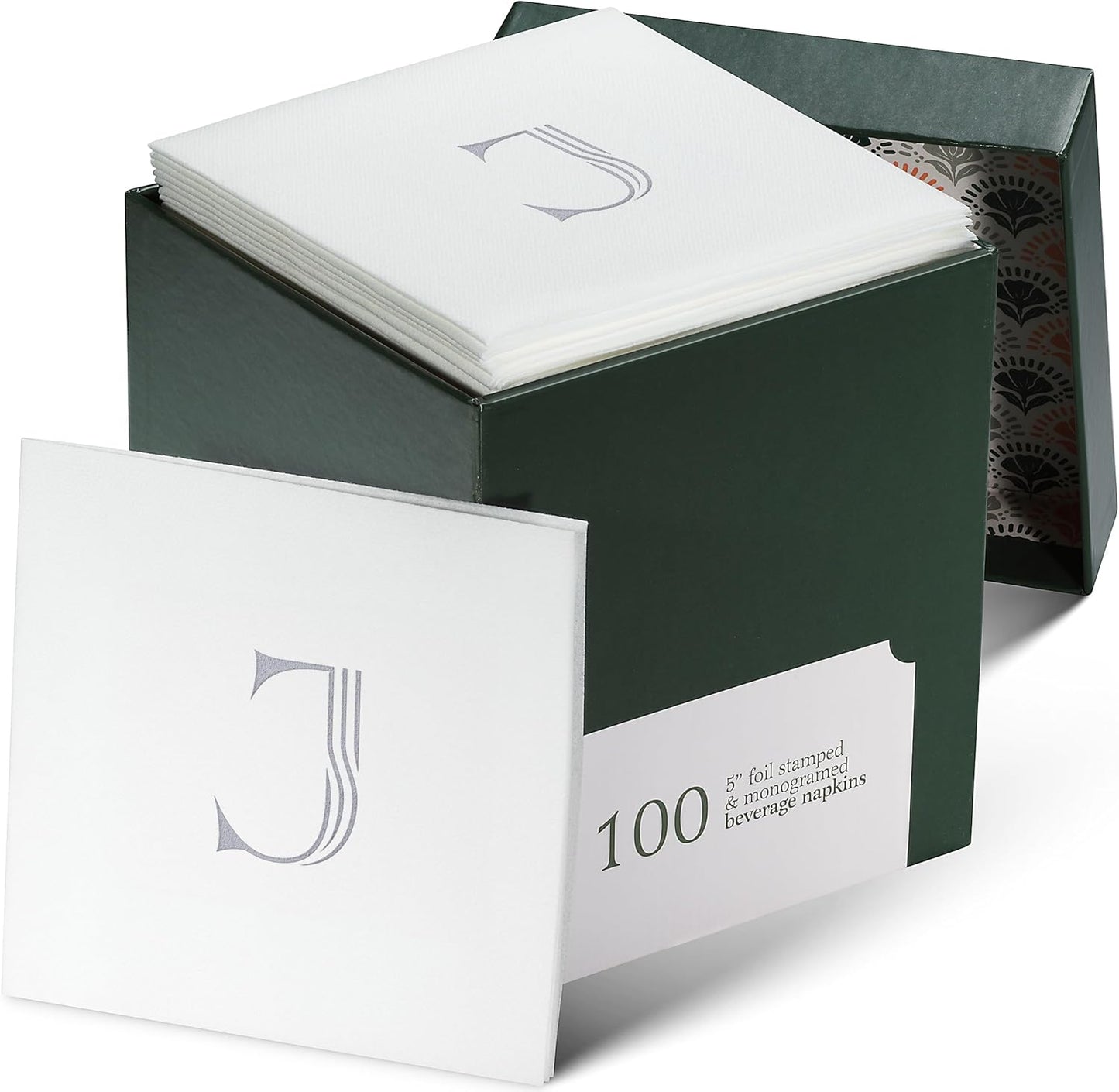 100 Pack Disposable Monogrammed Cocktail Napkins, 5"x5" Linen-Feel Silver Foil Letter J Paper Napkins, Initial White Beverage Napkins For Wedding, Party, Bar Or Holiday