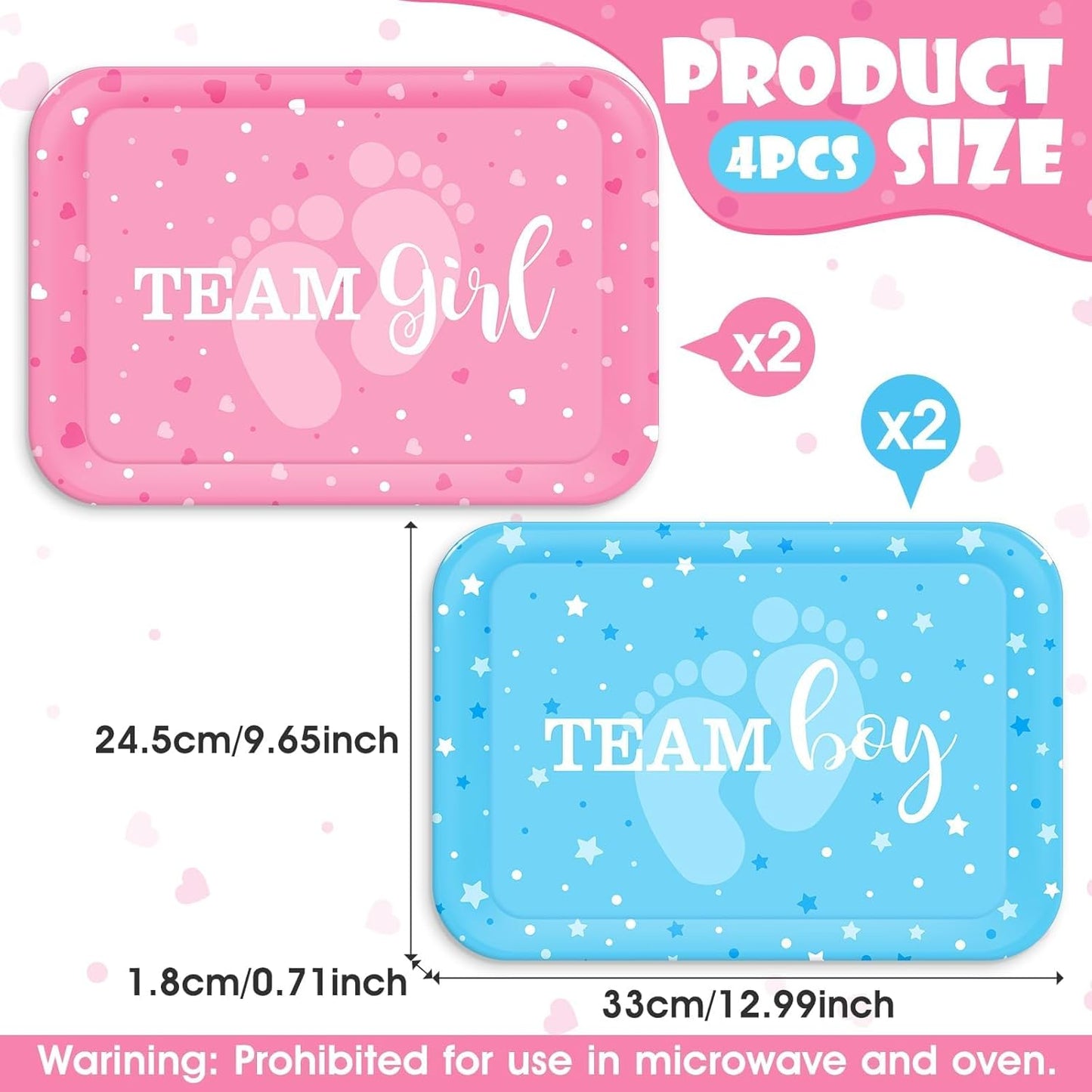 Gender Reveal Serving Fruit Tray, 4 PCS Rectangle Melamine Dinner Tray, 13x9.6IN Reusable Blue and Pink Baby Shower Decoration Platter, for Gender Reveal Kids Newborn Birthday Party Supplies
